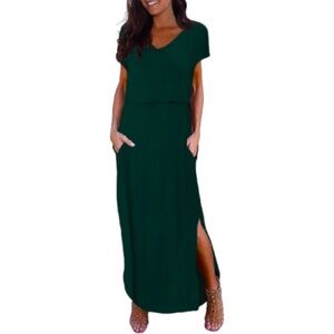 Women’s Dark Green V-Neck Maxi Dress with Side Slit